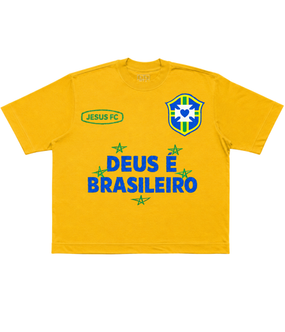 TEE BOXY 'DEUS É BRASILEIRO' - AMARELO ESTONADO