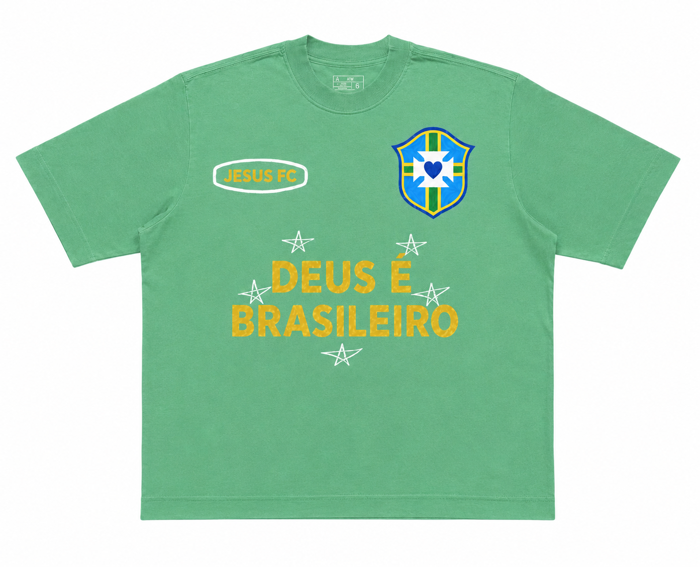 TEE BOXY 'DEUS É BRASILEIRO' - VERDE ESTONADO
